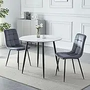 Modern Round White Slate Dining Table Set with Sintered Stone Marble Top and Dark Grey Dining Chairs 80cm Kitchen Table with Black Metal Legs for Home Office Dining Room