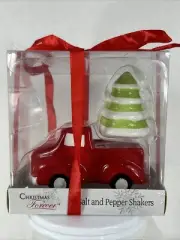 Red SUV With Christmas tree SALT AND PEPPER SHAKERS Evergreen Green & White