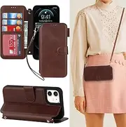 Cavor for iPhone 12/ iPhone 12 Pro Case Crossbody Wallet Flip Magnetic Kickstand Cover Cowhide Pattern PU Leather Purse Card Slots Holder Detachable Shoulder Necklace Strap-Long Lanyard Brown