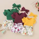 GIRLS MODEL SOLID COLOR SHORT-SLEEVED TOP + FLOWER PRINT SH