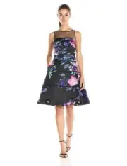 Aidan Mattox sz 4 Black Floral Piping Illusion Neck Satin Dress NWT