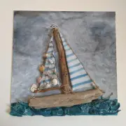 Hand Made Driftwood Sailboat with Seashells on Painted Canvas Panel 12" by 12"