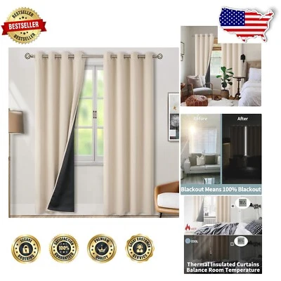Thermal Insulated 100% Blackout Curtains, Champagne, Grommet Drapes - 2 Panels