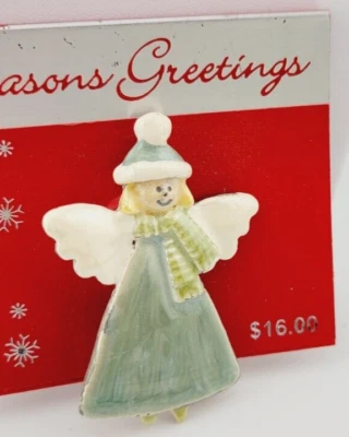 Christmas Seasons Greetings Angel Brooch Silver Tone Green Enamel