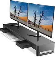 meatanty Dual Monitor Stand with 2 Storage Drawers, Metal Computer Monitor Stand, Monitor Shelf with Extendable Drawer, Keyboard and Mouse Storage, Desktop Organizer