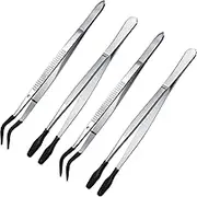 4 Pieces Silicone Tip Tweezers Coated Flat and Bent Tip Forceps for Lab Industrial Jewelry Craft Coin Stamp Tongs (Black, One size)