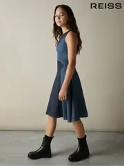 Reiss Blue Wilder 9-13 yrs Patchwork Chambray Midi Dress (AM9727) | $130