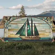 Emerald Green And Gold Art Deco Sail Boat Framed Print Retro Mcm Style Wall Art Midcentury Modern Stained Glass Huge Art