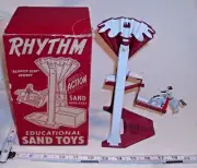 A. ROWLEY RHYTHM KLIPPITY KLOP COWBOY SAND TIN TOY BOXED 1950s NEW UNUSED