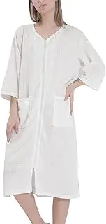 [Panegy] Women Zip Front Nightgown Robe Half Sleeve Full Length Duster Housecoat Loungewear Calf Bathrobe Sleeping Gowns Waffle Nightshirts Big & Tall for Couple 3XL