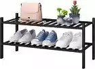 2-Tier Black Bamboo Shoe Rack for Entryway, Stackable | Foldable | Natural, Shoe