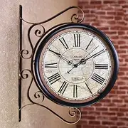 Wall Clock, Double Sided Wall Clock, Outdoors Vint Outdoor Garden Classical 360°Rotation Double Sided Train Station Clock with Station Bracket Garden Clock Indoor Outdoor Decoration