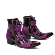 Buckle British Cowboy Rivets Real Leather Pointy Toe Ankle Boots Heel Mens Shoes