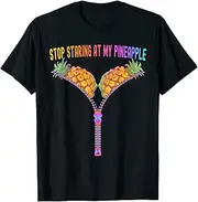 [X.Style] Colorful Summer Pineapple Stop Staring at My Pineapple Girl ds042 T-Shirt (S) Black