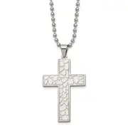 Stainless Steel Chisel Polished And Textured Cross Pendant On A 24 Inch Ball Chain Necklace