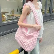 Plain Quilted Bubble Light Tote Bag Pink - One Size
