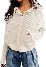 [PEHMEA] Women Waffle Knit Jacket Zip Up Button Fashion Tops Oversized Hoodie Shackets with Pockets