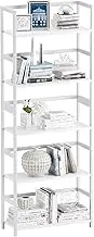 5-Tier Bamboo Wood Ladder Bookshelf, Tall Display Storage Shelf, Large Bookcase Modern Industrial Stand Organizer for Home, Office, Living Room, Kitchen, Bedroom (White)