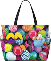 [Ghjkfbf] Easter Eggs Print Large Capacity Beach Travel Bag For Family, Beach Tote Bag For Women With Zipper Pockets, Black, One Size