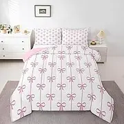 Manfei Pink Bow Comforter Set Full Size, Cute Bows Lines Print Bedding Set 3pcs, Kawaii Bowknot Girly Down Comforter All Season, Kids Girls Princess Room Decor, Soft and Lightweight, 2 Pillowcases