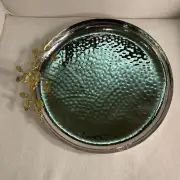 Hand Hammered Silver Metal Round Serving Tray W/ Gold Floral Accents