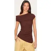 Chocolate Textured Ruched Asymmetric Long Top, Chocolate