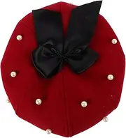 [BESTYASH] Elegant Pearl Beret Hat Bowknot Octagonal Cap for Church Parties Everyday Dark Red
