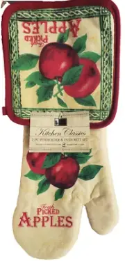 2 pc Kitchen Set: 1 Jumbo Pot Holder & 1 Oven Mitt, FRESH PICKED APPLES,burg.,BH