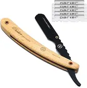 Parker SRP, Pine Wood Handle Straight Edge Barber Razor with Stainless Steel Blade Arm for Professionals, 5 Blades Included