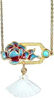 [KONGKNUANK] Necklaces For Women Jade pendant S925 Silver Gold-Plated Natural White Jade Scalloped Burnt Blue Flower Necklace Pendant for Women Yoga Genuine