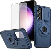 [Asuwish] Phone Case for Samsung Galaxy S23 FE 5G with Slide Camera Cover Tempered Glass Screen Protector Stand Ring Holder Rugged Slim Cell S 23 EF S23FE 23S Women Girls Boys Men Blue
