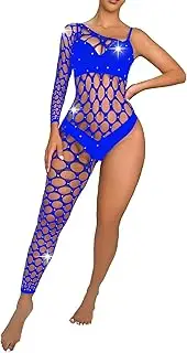 [TiaoBug] Women's Fishnet Lingerie Sparkly Rhinestone Sexy Teddy Bodysuit Single Sleeve and Leg Mesh Bodystocking