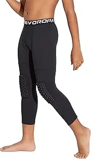 [DEVOROPA] Youth Boys' Compression Pants with Knee Pads 3/4 Basketball Athletic Tights Quick Dry Sports Workout Leggings