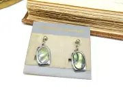 Retro 80s New Old Stock Silver Green Abalone Dangle Earrings L63