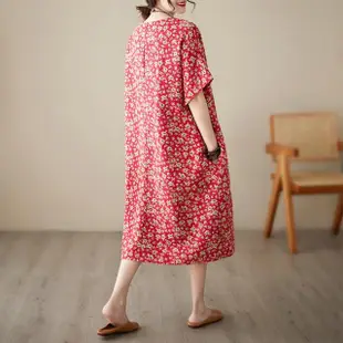 【小衣衫童裝】YP-5874-寬鬆大尺碼過膝紅色碎花洋裝短袖連衣裙(1120701)