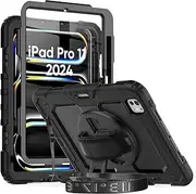 Herize iPad Pro 11 Inch Case Cover M4 (2024, 5th Gen) with Screen Protector&Pen Holder | iPad Pro 11" Case A2836/A2837 for Kids | Heavy Duty Rugged Protective Case W/Handle Sholuder Strap | Black