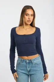 Blue Top Square Neck Long Sleeve - Size 16XL, Women's T-shirt