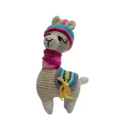 Cozy Handmade Amigurumi Peruvian Alpaca with Pink Scarf and Blue Hat - 17 cm.
