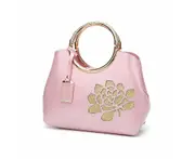 Women Handbag Leather Flower Pattern Satchel Charm Glossy Metal Grip Shoulder Bag-Pink