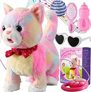 Colorful Leash Walking Cat Set Singing That Purrs and Meows Stick Out Tongue Animated Plush Robot Kitten Pet Moving Plush Realistic Stuffed Animal Remote Control Cute Robotic Kitty Toy