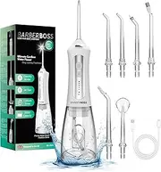 BarberBoss Water Flosser, Plaque Remover for Teeth, Oral Irrigator, Electric Flosser, Dental Flosser with 5 Nozzles and Cleaning Modes, Portable Oral Irrigator (White)