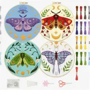 FlutterStitch 4-Piece Beginner's Butterfly Embroidery Kit with Hoops, Instructio