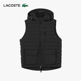 【LACOSTE】男裝-連帽素色羽絨背心外套(黑色)