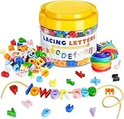 278 Pcs Lacing Letters Beads, Lowercase Alphabet Learning Toys, 10 Color Rainbow Alphabet Beads with 18 Laces, Preschool & Home Educational Toy for Kids Ages 3+, Back to School Supplies