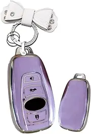 HIBEYO Key Fob Cover for Subaru Outback Ascent Forester Crosstrek Legacy ABS+Leather Smart Key Case Accessories Protector Key Holder with Keychain-Bow Key Chain(Purple)