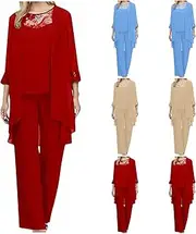 [Oplxuo] Mother of the Bride 3 Piece Outfit with Jacket Long Sleeve Lace Chiffon Pants Outfits for Women Formal Suit Elegant