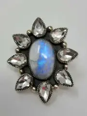 M&S Navajo Sterling Silver Moonstone & Diamante Women's Cluster Statement Ring