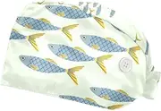 [WOSHJIUK] Working Hat 2 Pack Scrub Caps for Women,Abstract Ocean Fish sea,Tie Back Cap Adjustable Scrub Hat