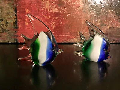 2 New 5" Hand Blown Art Glass Angel Fish Figurine Sculpture Blue Clear Murano?