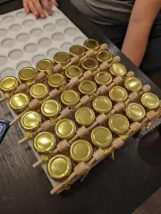 30 Pack Hexagon Mini Glass Honey Jars with Wood Dipper Gold Lid Bee Pendants New